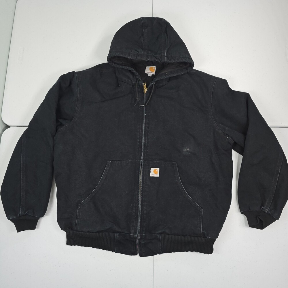 Vintage Carhartt Men XL Black J140 Duck Canvas Bomber Quilted Union Jacket Hood